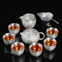 999鎏純銀功夫茶具套裝 家用輕奢百福陶瓷茶壺茶杯銀茶具高檔禮盒