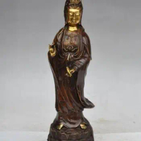 YM 305 13" tibet buddhism bronze gilt stand lotus Kwan-Yin Guan Yin buddha vase statue
