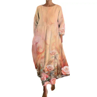 Women's R Floral Printed Casual Loose Dress Cotton Linen Casual 3/4 Sleeved Dress Beach Dress vestidos femenino