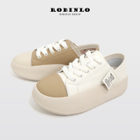ROBINLO真皮撞色標籤復古微甜厚底增高休閒鞋 奶油白/奶茶杏
