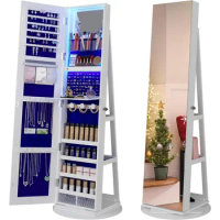 360° Swivel Jewelry Cabinet with Lights, Standing Jewelry Armoire Organizer, Rotatable Jewelry Mirror, Full Length Mirror
