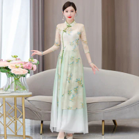 Chinese Cheongsam Women Sumer Dress Thin Vietnam Ao dai Include Pants New