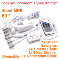 6PCS/Set AC85-265V 1W MINI LED Downlights +LED Dimming Driver + Remote Controller spot downlight Warm Cool White Free Shipping