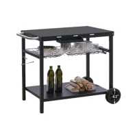 Grill Cart, Outdoor Grill Table Kitchen Island with 3 Shelves and Spice Rack, Portable Dining Cart Table with Garbage Bag Holder
