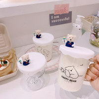可愛小熊玻璃杯帶手柄刻度學生早餐牛奶杯茶杯帶蓋果汁杯咖啡杯