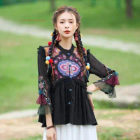2024 woman vintage hanfu tops chinese traditional ethnic vest national flower embroidery sleeveless jacket oriental tang suit