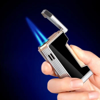 Double Fire Blue Flame Windproof Butane Lighter Refill Inflatable Gas Jet Torch Candle Cigar Lighter For Men