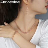 Davieslee Jewelry Set For Women 585 Rose Gold Color Centipede Link Chain Necklace Bracelet Earrings Woman Dropshipping DCS06A