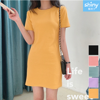 【V3070】shiny藍格子-輕意微甜．氣質純色圓領短袖連身裙