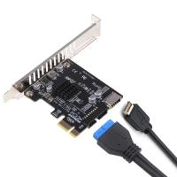 การ์ดแปลง PCIe เป็น USB 3.0 Type‑C (5 Gbps), PCIe Gen3 x16, ขั้วต่อ 19/20 พิน สำหรับติดตั้งบนแผงหน้า
