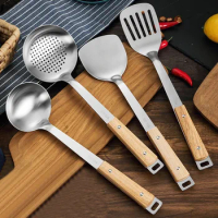 Wooden Handle Wok Spatula 304 Stainless steel spatula cooking Utensils spoon long handle Large Size turner Fried Steak Shovel