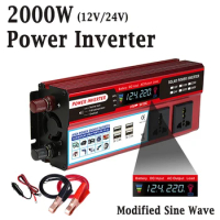 Peak 2000W Power Inverter 12V/24V Modified Sine Wave Car Home Appliances Electronic Voltage Converter 4 USB Ports LCD Display