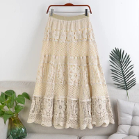 2024 High-Waisted Thin A-Line Large Swing Elastic Waist Wool Crocheted Hollow Air Long Skirt Spring Autumn