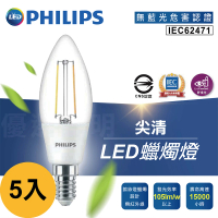 【Philips 飛利浦】5入3W E14 蠟燭燈 尖清 黃光 全電壓 尖頭 燈絲燈