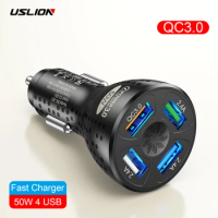 USLION 50W 4 Ports USB Car Charger QC 3.0 Fast Charging Mini Phone Charger in Auto For iPhone 14 13 Pro Max Xiaomi 12 POCO M5