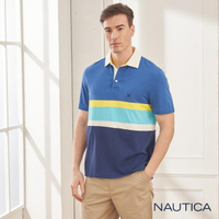 【NAUTICA】潮男色塊拼接短袖POLO衫(藍色)