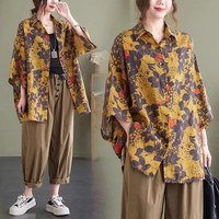 LC422 Oversized Floral Shirt Kemeja Motif Bunga Vintage Retro Abu