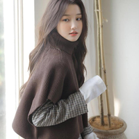 韓國冬新款舒適高領披肩外搭斗篷女針織螺紋保暖毛衣疊穿罩衫圍巾 全館免運