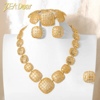 Zeadear Square Jewelry Set 18K Gold Plated Geometry Big Necklace Bracelet Earring Ring For Wedding Jewellery Accessories