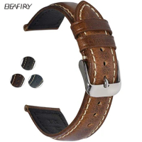 BEAFIRY Watch Band 18mm vintage Oil Wax Genuine Leather Watchbands Belt for Fossil Watch Straps for Men Women Brown Blue Black