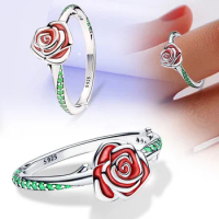 New Sterling Silver 925 Green Rose in Bloom Ring Fit Pandora Women's Ring Mother's Day Exquisite Jewelry Gift