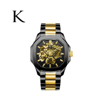 【KLEIN 荷蘭克萊恩】強悍系列黑金配色不銹鋼簍空自動機械錶-附天然火山石手環