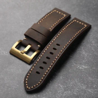 Fit fat cowhine watch strap leather 20 22 24 26MM bronze buckle watch strap Retro style