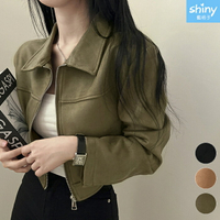 自然演繹．素色拉鍊翻領仿麂皮短外套-shiny藍格子【V5027】