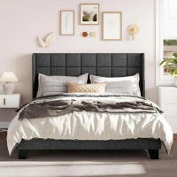 King Size Platform Bed Frame with Wingback, Upholstered Square Stitched Headboard and Wooden Slats, Mattress Foundation, Box