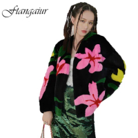 Ftangaiur Winter Coat For Women Import Velvet Mink Fur Coat Women's Cold Mink Coats Women's Feather Print Flower Real Fur Coats