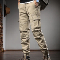 Autumn Men's Tactical Cargo Pants Fashion Khaki Cotton Slim Fit Drawstring Trousers