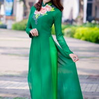 Green Peony tailored aodai vietnam dress cheongsam vietnamese traditionally dress oriental costumes pants and robe