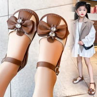 Girls Sandals 2024 New Summer Girls Elegant Rabbit Rhinestones Pu Leather Comfortable Beach Princess Sandals Young Kids Shoes