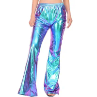 Women Flared Pants Vintage Disco Party Costume Clubwear Women's Shiny Bell-bottomed Pants with Elastic Waist Flared for Stage