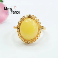Natural S925 Silver Inlaid Honey Wax Amber Chicken Oil Yellow Love Edge Ring Simple Generous Personality Retro Fashion Jewelry