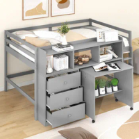 Full Size Low Loft Bed with Rolling Portable Desk,Multifunctional bed with Drawers and Shelves,for Kids youth bedroom,Gray