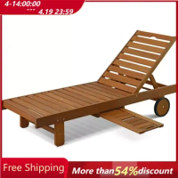 Outdoor Chaise Lounge Chair, Hardwood Furniture Sun Lounger with Tray in Teak Oil, Outdoor Chaise Lounge Chair