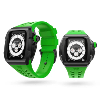 【Y24】Apple Watch 45mm 不鏽鋼防水保護殼 黑錶殼/綠錶帶