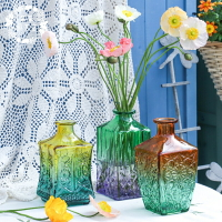 歐式浮雕玻璃漸變色方形花瓶餐桌桌面擺件干花插花花器裝飾品
