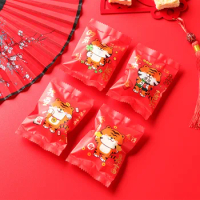 AQ 100pcs/lot Cartoon Cute Little Tiger 4in1 Cookies Red Packaging Bag Rich Tiger Flower Homemade Dessert Candy Plastic Sachets
