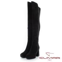 【CUMAR】小方頭彈力防水台厚底粗跟過膝長靴-黑色