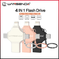 WANSENDA 4-IN-1 USB Flash Drive for iPhone 128GB 256GB Pendrive 16GB 32GB 64GB Flashdisk 3.0 for USB-C/iPhone /iPad/Android/PC