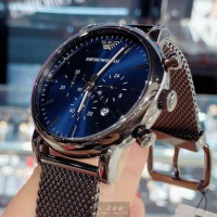 ARMANI44mm圓形黑精鋼錶殼寶藍色錶盤米蘭鐵灰色錶帶款AR00056