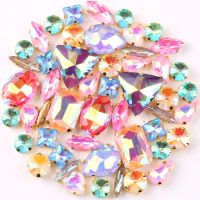 Gold claw settings 50pcs/bag shapes mix jelly candy Sapphire glass crystal sew on rhinestone wedding dress shoes bags diy