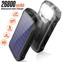 26800mAh Solar Power Bank Fast Qi Wireless Charger for iPhone 13 X Samsung S22 Huawei Xiaomi Type C Powerbank with Camping Light