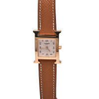 HERMES H PM系列小牛皮金框玫瑰金色錶盤石英女仕腕錶(棕色/21mm)