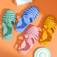 Children's Roman Sandals Boys Girls Pvc Hollow-out Jelly Shoes Round Head Jelly Beach Shoes Kids Children's Slippers Size 24-35