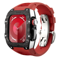 Carbon Fiber Case For i Watch Modification Kit Mod Kit for apple watch series SE 9/8/7/6/5/4 44/45mm Accessaries Red strap