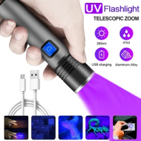 Rechargeable LED 18650Battery UV Flashlight Ultraviolet Torch Zoomable Mini 395nm Black Light Pet Urine Stains Detector Hunting