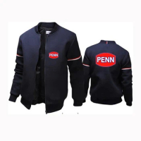 2024 Spring Autumn Men's Penn Fishing Reel Logo Print Streetwear Casual Solid Color Long Sleeve Loose Zipper Flight Jacket Coats